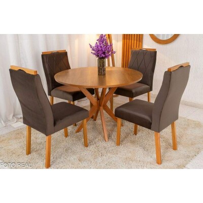 Mesa de Jantar Simpatia Tampo Redondo 108108 Cinamomo 4 Cad. Lisboa Veludo Marrom 509 Madeira Macia - Entregue Montada