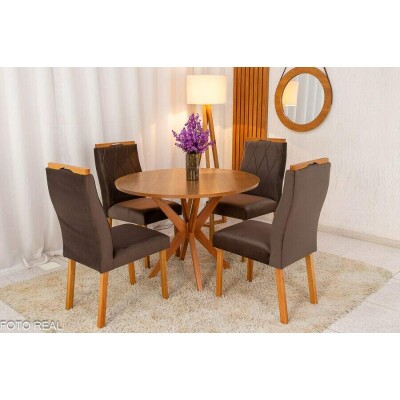 Mesa de Jantar Simpatia Tampo Redondo 108108 Cinamomo 4 Cad. Lisboa Veludo Marrom 509 Madeira Macia - Entregue Montada