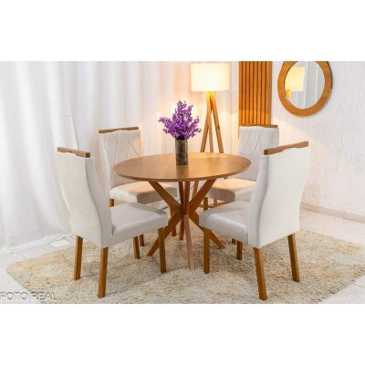Mesa de Jantar Simpatia Tampo Redondo 108108 Cinamomo JCM 4 Cad. Lisboa Veludo Bege 512 Madeira Macia Art Assento - Entregue Montada