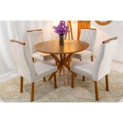 Mesa de Jantar Simpatia Tampo Redondo 108108 Cinamomo JCM 4 Cad. Lisboa Veludo Bege 512 Madeira Macia Art Assento - Entregue Montada