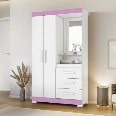 Roupeiro Solteiro NT 6020 Branco/Rosa 2 portas 3 Gavetas Flex C/Ps Larg. 1.08m - Notvel