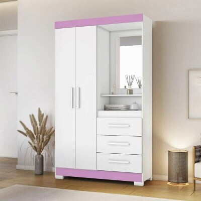 Roupeiro Solteiro NT 6020 Larg. 1.08m Branco/Rosa 2 portas 3 Gavetas Flex C/P�s - Not�vel