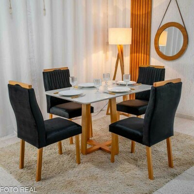 Mesa de Jantar Pedro 120�80 Vidro Off/Base Madeira + 4 Cad. G�nova Veludo Preto 504 Madeira Art Assento - Entregue Montada