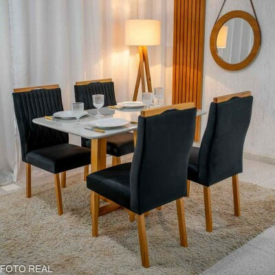 Mesa de Jantar Pedro 120�80 Vidro Off/Base Madeira + 4 Cad. G�nova Veludo Preto 504 Madeira Art Assento - Entregue Montada