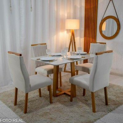 Mesa Pedro 120�80 Vidro Off/Base Madeira + 4 Cad. G�nova Veludo Bege 512 Madeira Art Assento - Entregue Montada