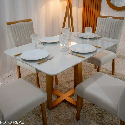 Mesa Pedro 120�80 Vidro Off/Base Madeira + 4 Cad. G�nova Veludo Bege 512 Madeira Art Assento - Entregue Montada