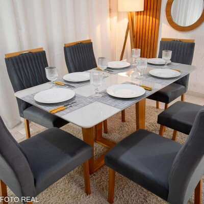 Mesa Pedro Mel Vidro OFF 16080 6 Cadeiras Genova Veludo Cinza 507 Madeira Macia Art Assento - Entregue Montada