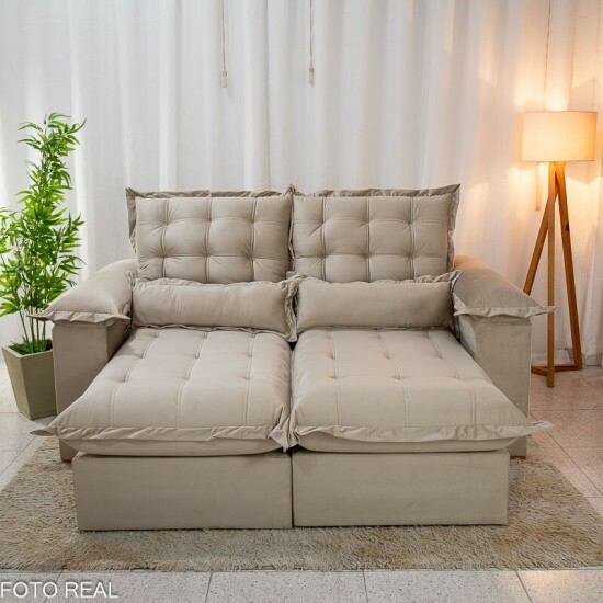 Sof� Retr�til Reclin�vel Maldivas 2,10m Veludo Bege A32