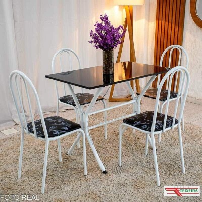Mesa de Cozinha Base Cabo Frio Branca Tampo Preto Pedra 100x60 4 Cadeiras Ubatuba Branca Assento Preto - Teixeira