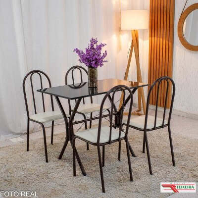 Mesa de Cozinha Base Cabo Frio Marrom Tampo Preto Pedra 100x60 4 Cadeiras Ubatuba Marrom Assento Branco - Teixeira