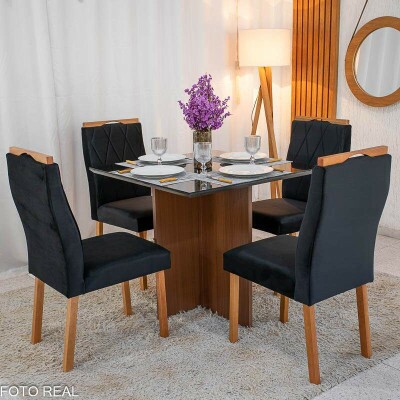 Mesa de Jantar Helo 9090 Tampo MDF Vidro Preto 4 Cad. Lisboa Veludo Preto 504 Madeira Macia 