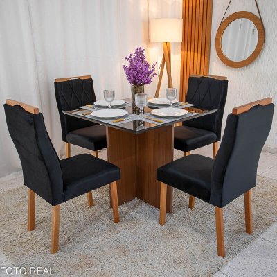 Mesa de Jantar Helo 90x90 Vidro Preto Base Mel Poliman + 4 Cadeiras Lisboa Veludo Preto 504 Art Assento