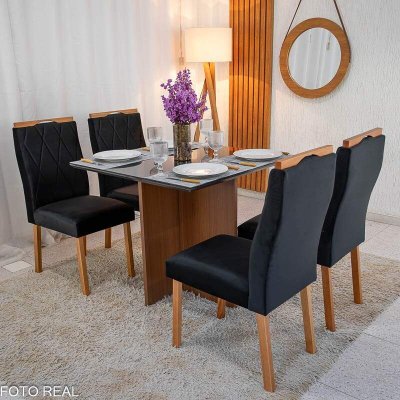 Mesa de Jantar Helo 90x90 Vidro Preto Base Mel Poliman + 4 Cadeiras Lisboa Veludo Preto 504 Art Assento