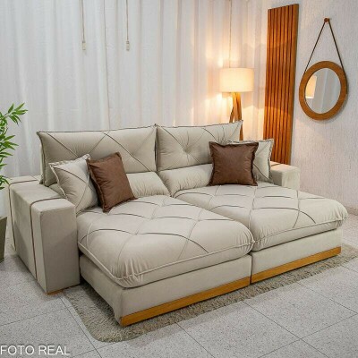 Sof� Retr�til Reclin�vel Gran Bello 2.50m Veludo Bege Claro - Molas Ensacadas Pocket