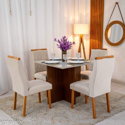 Mesa de Jantar Helo 9090 Tampo MDF Vidro Off 4 Cad. Genova Veludo Bege 512 Madeira Macia - Entregue Montada