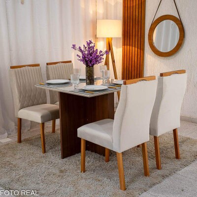 Mesa de Jantar Helo 9090 Tampo MDF Vidro Off 4 Cad. Genova Veludo Bege 512 Madeira Macia - Entregue Montada
