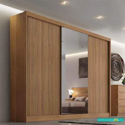 Roupeiro Sollo Plus Ripado 3D Cumaru 3 Pts 6 Gav. C/1Espelho 100% MDF Larg. 2.73m Novo Horizonte