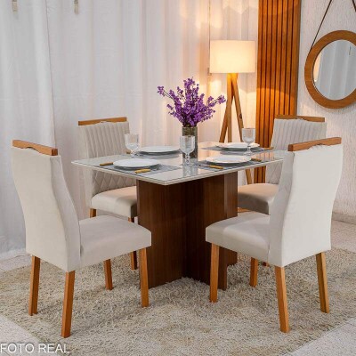 Mesa de Jantar Helo 12090 Tampo MDF Vidro Off 4 Cad. Genova Veludo Bege 512 Madeira Macia