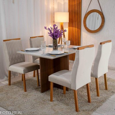 Mesa de Jantar Helo 12090 Tampo MDF Vidro Off 4 Cad. Genova Veludo Bege 512 Madeira Macia