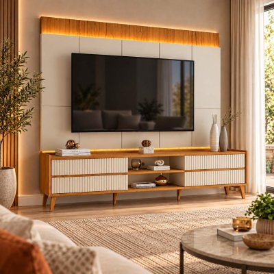 Rack Magn�fico 212 Larg. 2.18m + Painel Magn�fico 220 Nature/Off C/LED e Detalhe Ripado para TV at� 85