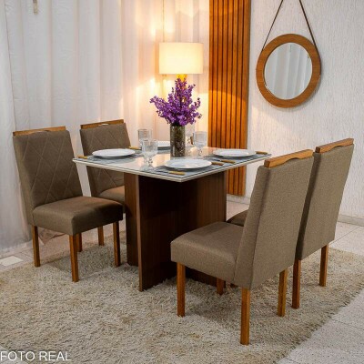 Mesa de Jantar Helo 9090 Tampo MDF Vidro Off 4 Cad. Diamante Linho Capuccino 29033 Madeira Macia