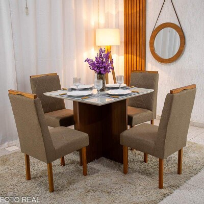 Mesa de Jantar Helo 9090 Tampo MDF Vidro Off 4 Cad. Diamante Linho Capuccino 29033 Madeira Macia