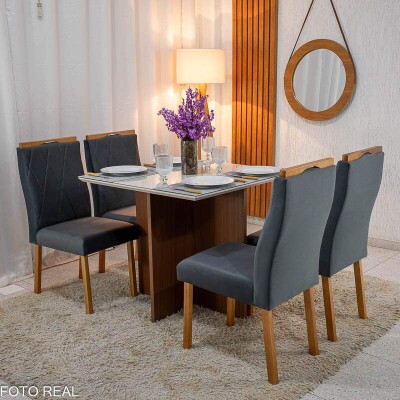 Mesa de Jantar Helo 9090 Tampo MDF Vidro Off 4 Cad. Lisboa Veludo Cinza 507 Madeira Macia - Entregue Montada