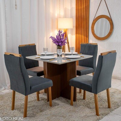 Mesa de Jantar Helo 9090 Tampo MDF Vidro Off 4 Cad. Lisboa Veludo Cinza 507 Madeira Macia - Entregue Montada