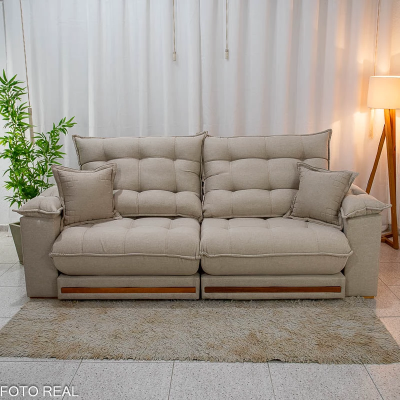 Sof Retrtil Reclinvel Barcelona 2.50m Linho Bege 459 C/ 2 Almofadas - D33 e Molas Ensacadas Pocket