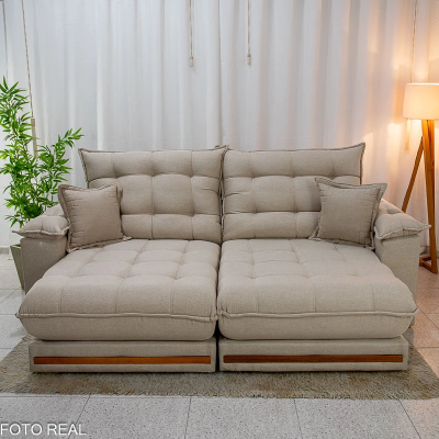 Sof Retrtil Reclinvel Barcelona 2.50m Linho Bege 459 C/ 2 Almofadas - D33 e Molas Ensacadas Pocket