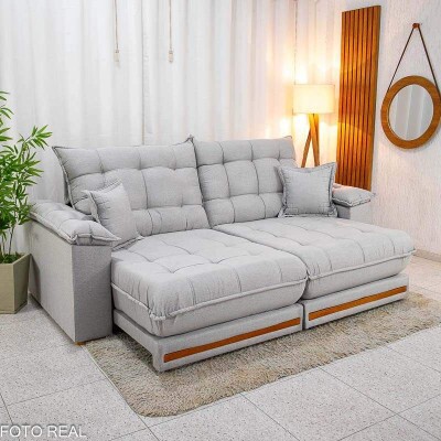 Sof Retrtil Reclinvel Barcelona 2.50m Linho Cinza Claro 461 C/ 2 Almofadas - D33 e Molas Ensacadas Pocket