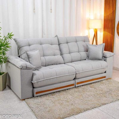 Sof Retrtil Reclinvel Barcelona 2.50m Linho Cinza Claro 461 C/ 2 Almofadas - D33 e Molas Ensacadas Pocket