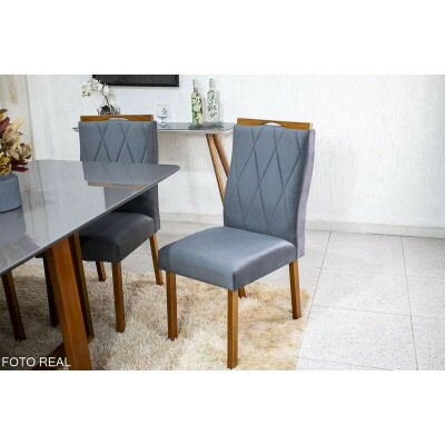 Mesa de Jantar Pedro Mel Vidro Grafite 16080 6 Cadeiras Lisboa Veludo Cinza 507 Madeira Macia Art Assento - Entregue Montada