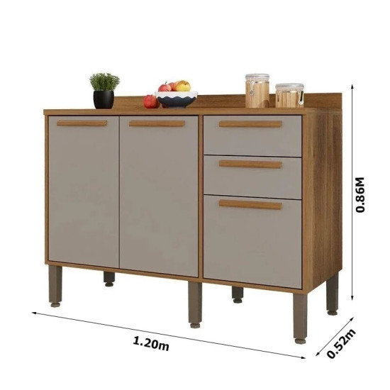 Balc�o Fl�rida 3 Portas 2 Gavetas Larg. 1.20m + Arm�rio A�reo Florida 2 Portas Larg. 1.20m Ripado Cinamomo/Off - Sall�to