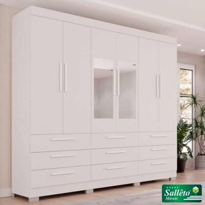 Roupeiro Dinamarca Branco C/Espelho 6 Portas 9 Gavetas C/ps Larg. 1.80m - Sallto