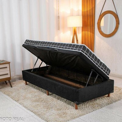 Box Ba Solteiro Carioca Sued Preto Blindado Bioflex + Colcho Solteiro Soffie Lotus 88x188x12 D20 - Nosso Sonho