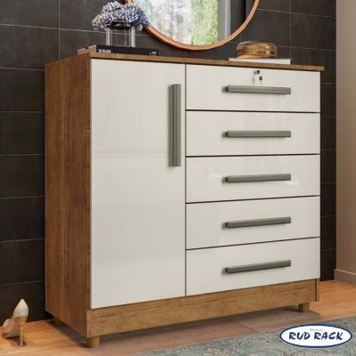 C�moda 0,99m Vit�ria Cedro/Areia 5 Gavetas e 1 Porta com P�s - Rud Rack