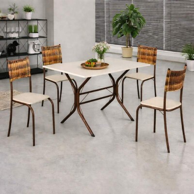 Mesa Atlanta Base Cabo Frio Marrom Tampo Off Pedra 100x60 4 Cadeiras Assento Creme - Teixeira