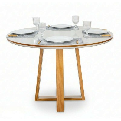 Mesa de Jantar Atlanta Redonda 120cm Vidro Off/Base Madeira - Minas Plac