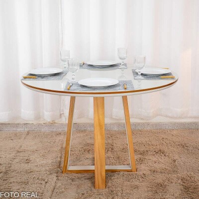 Mesa de Jantar Atlanta Redonda 120cm Vidro Off/Base Madeira - Minas Plac