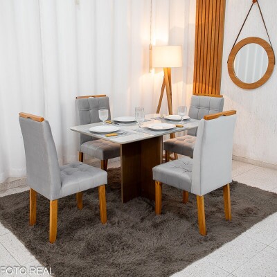 Mesa de Jantar Moscou 120x80 Vidro Off/Base Cinamomo + 4 Cad. Londres Veludo Prata Madeira Minas Plac - Entregue Montada