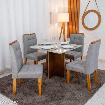 Mesa de Jantar Moscou 90x90 Vidro Off Base Cinamomo + 4 Cadeiras Londres Linho Cinza Minas Plac - Entregue Montada