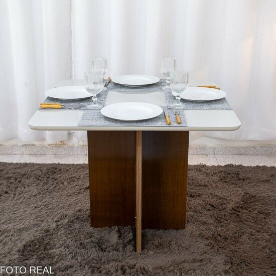 Mesa de Jantar Moscou 90x90 Vidro Off Base Cinamomo + 4 Cadeiras Londres Linho Cinza Minas Plac - Entregue Montada