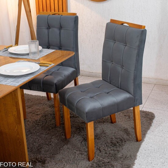 Mesa de Jantar Salina 120x80 Tampo Londres Cinamomo Cel M�veis + 4 Cadeiras Londres Veludo Chumbo Minas Plac - Entregue Montada