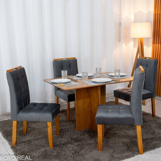 Mesa de Jantar Salina 120x80 Tampo Londres Cinamomo Cel M�veis + 4 Cadeiras Londres Veludo Chumbo Minas Plac - Entregue Montada