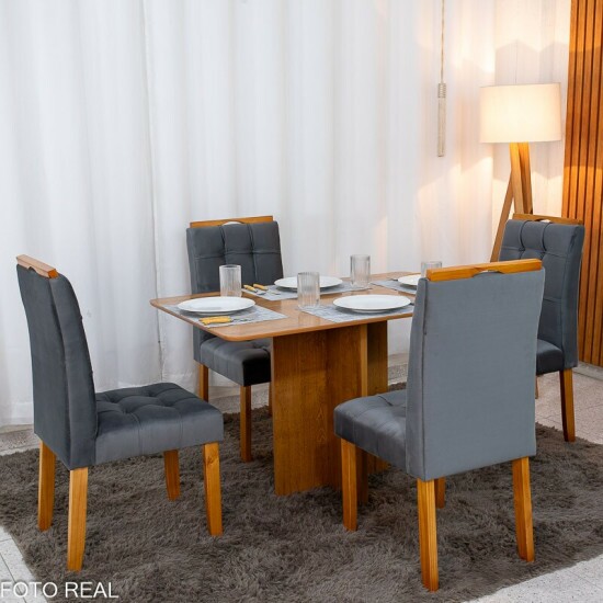 Mesa de Jantar Salina 120x80 Tampo Londres Cinamomo Cel M�veis + 4 Cadeiras Londres Veludo Chumbo Minas Plac - Entregue Montada