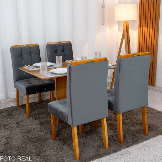 Mesa de Jantar Salina 120x80 Tampo Londres Cinamomo Cel M�veis + 4 Cadeiras Londres Veludo Chumbo Minas Plac - Entregue Montada