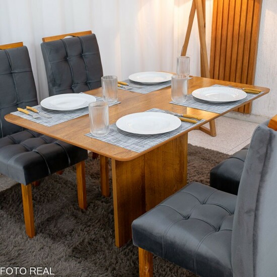 Mesa de Jantar Salina 120x80 Tampo Londres Cinamomo Cel M�veis + 4 Cadeiras Londres Veludo Chumbo Minas Plac - Entregue Montada
