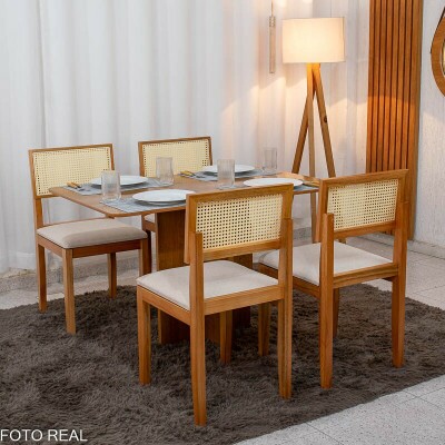 Mesa de Jantar Salina 120x80 Tampo Londres Cinamomo Cel M�veis + 4 Cad. Santorini Linho Bege Madeira - Minas Plac