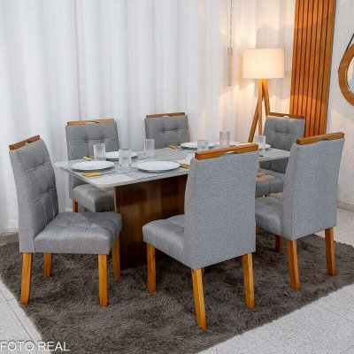 Mesa de Jantar Moscou 160x80 Vidro Off Base Cinamomo + 6 Cadeiras Londres Linho Cinza Minas Plac - Entregue Montada